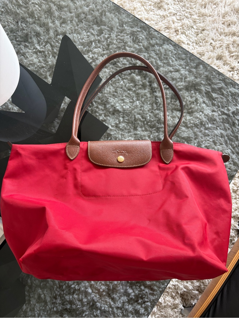 Classic Longchamp Red Tote Bag with Brown Leather Trim